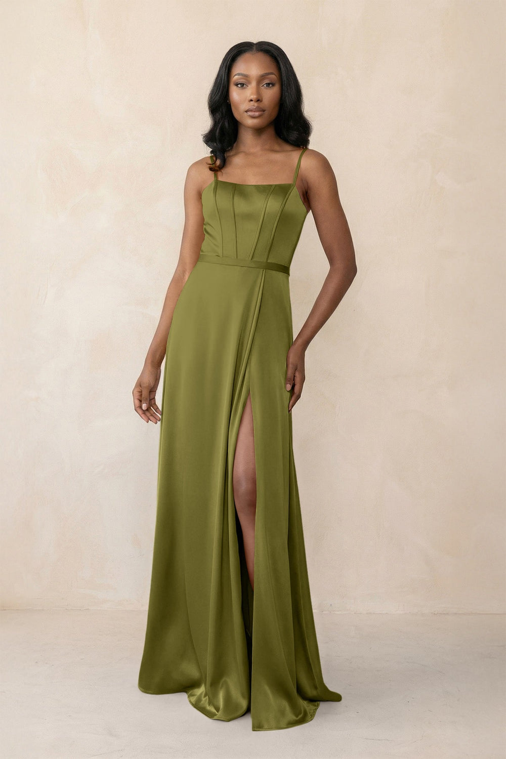 Cami Strap Corset Satin Sheath Bridesmaid Dress in Moss Green