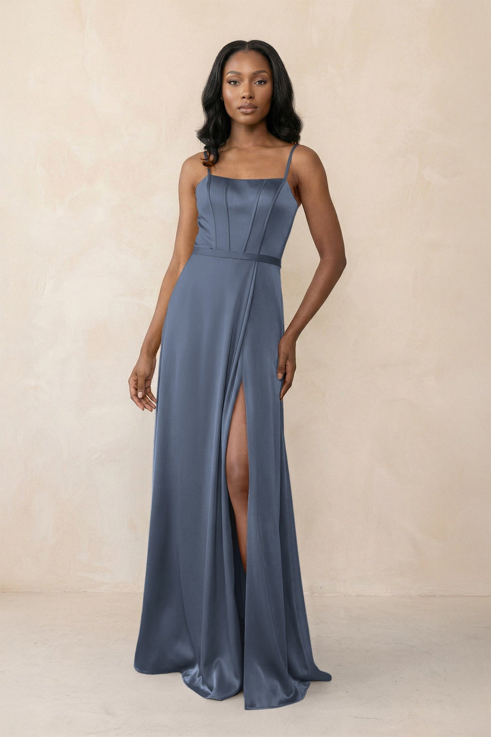 Cami Strap Corset Satin Sheath Bridesmaid Dress in Neptune