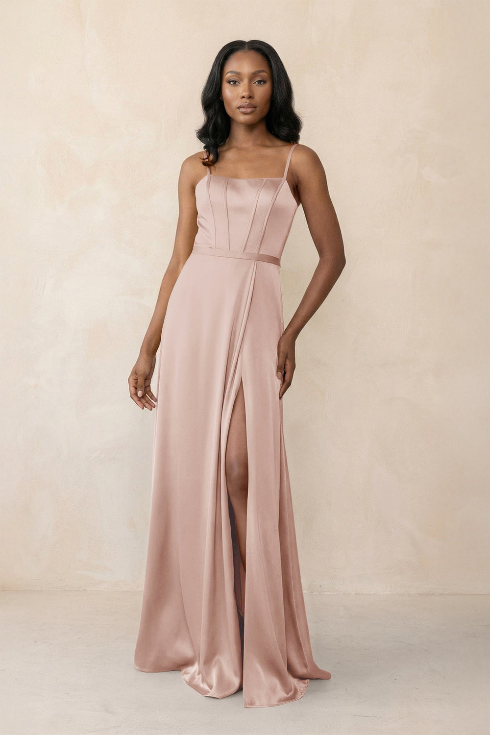 Cami Strap Corset Satin Sheath Bridesmaid Dress in Pale Blush