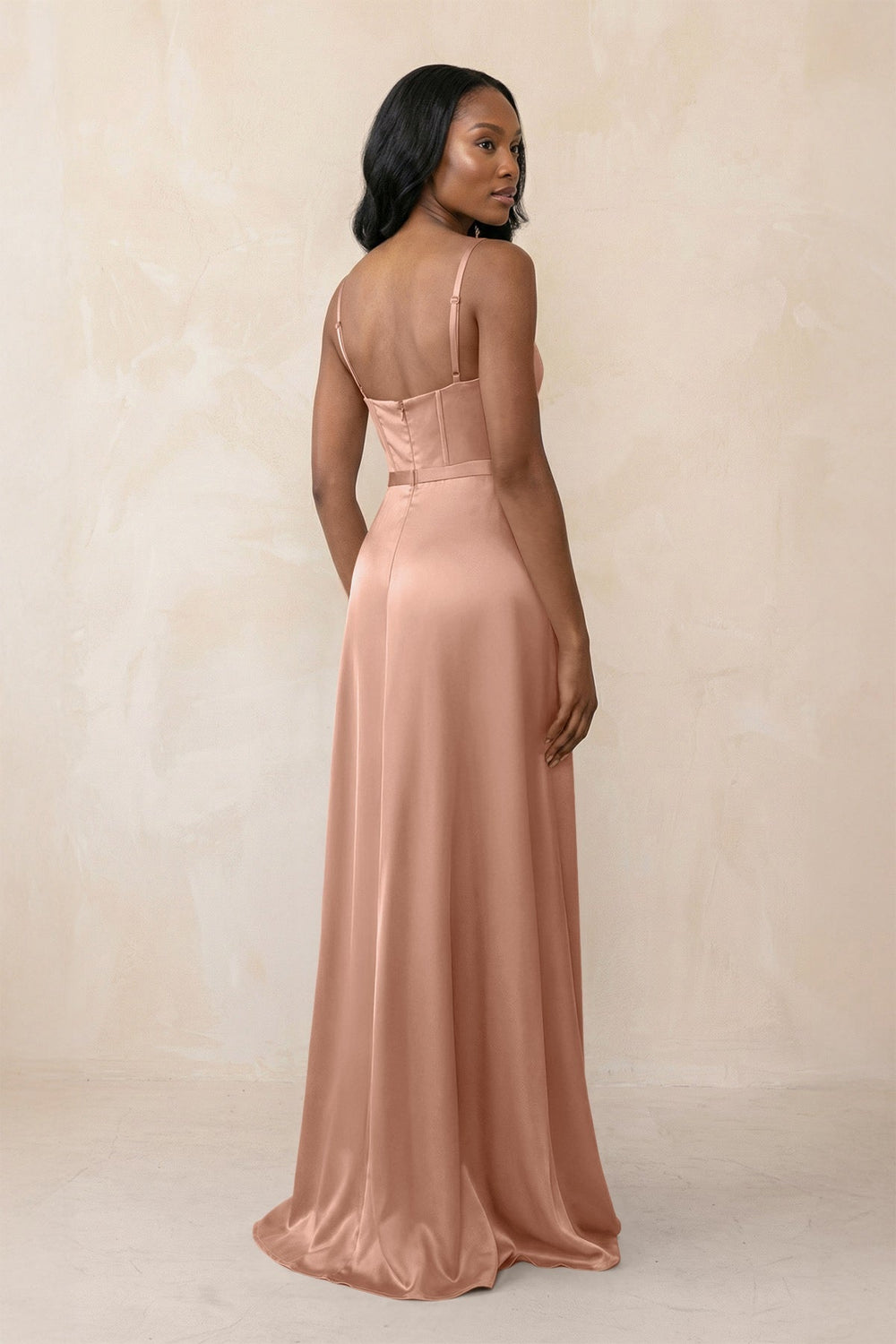 Cami Strap Corset Satin Sheath Bridesmaid Dress in Rosette