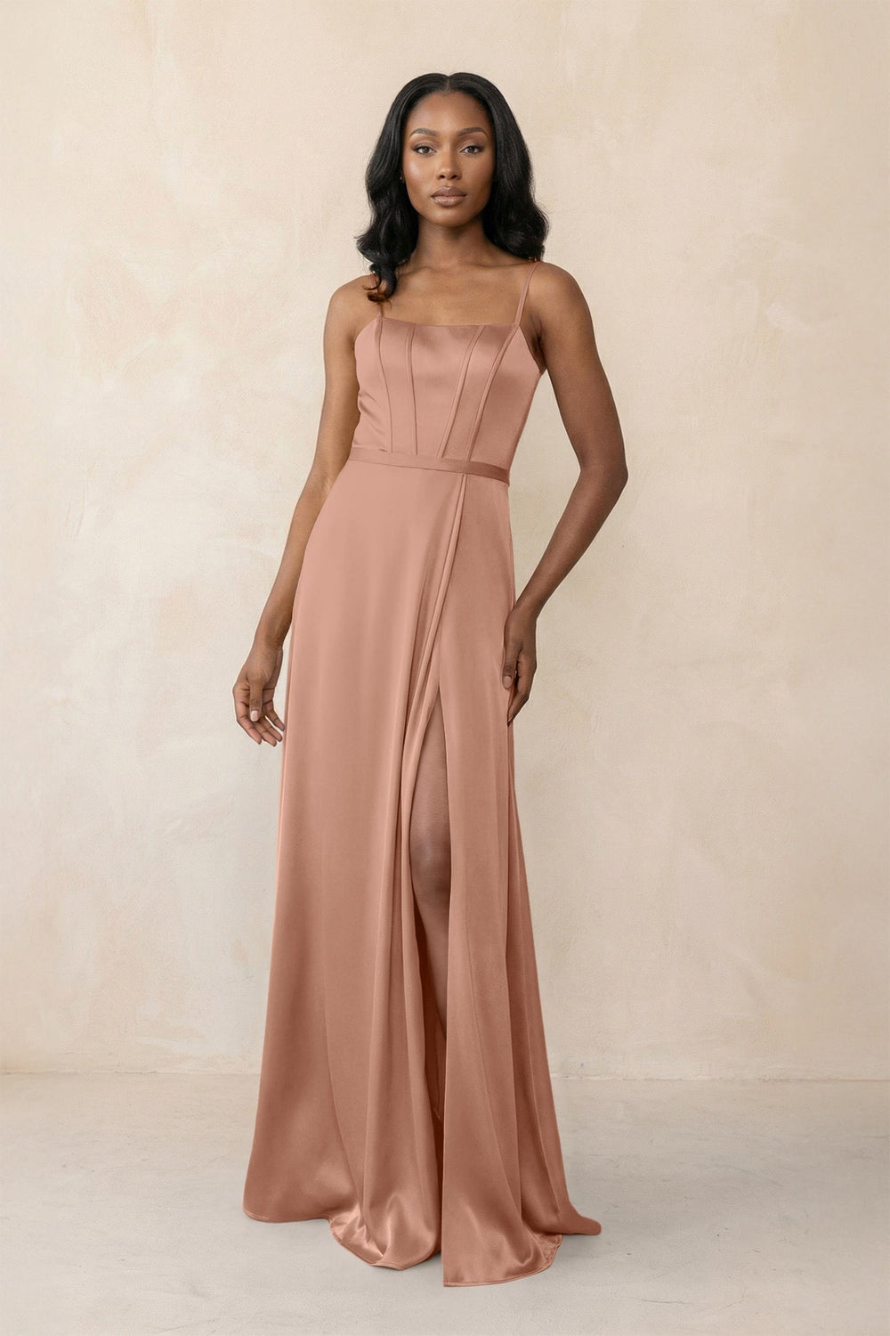 Cami Strap Corset Satin Sheath Bridesmaid Dress in Rosette