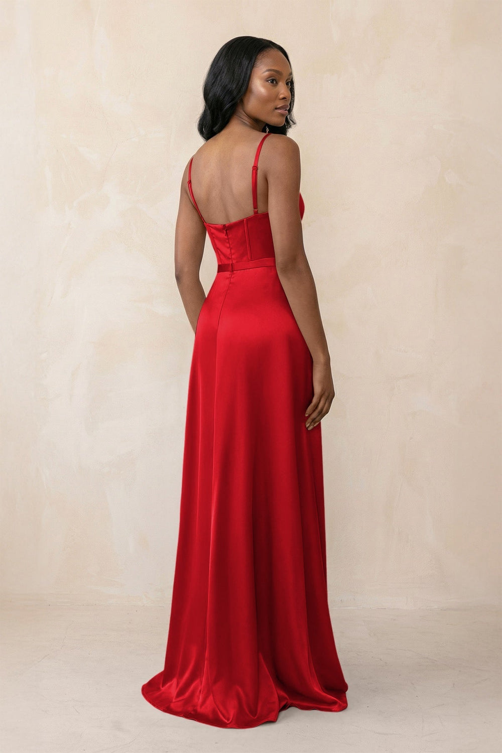 Cami Strap Corset Satin Sheath Bridesmaid Dress in Ruby Red