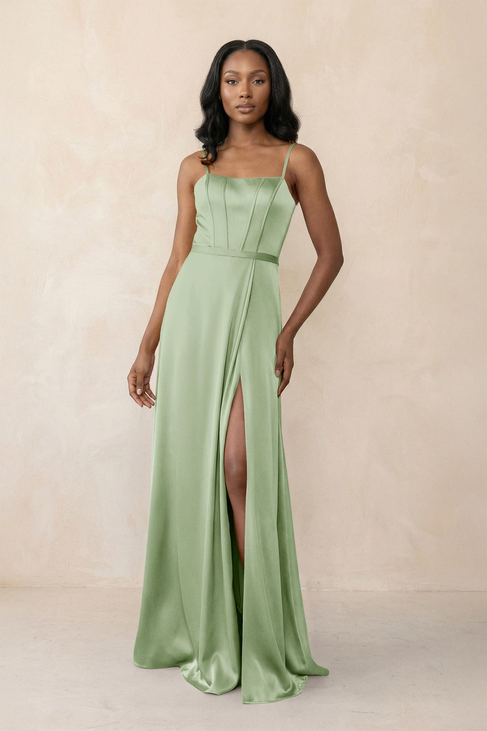 Cami Strap Corset Satin Sheath Bridesmaid Dress in Sage
