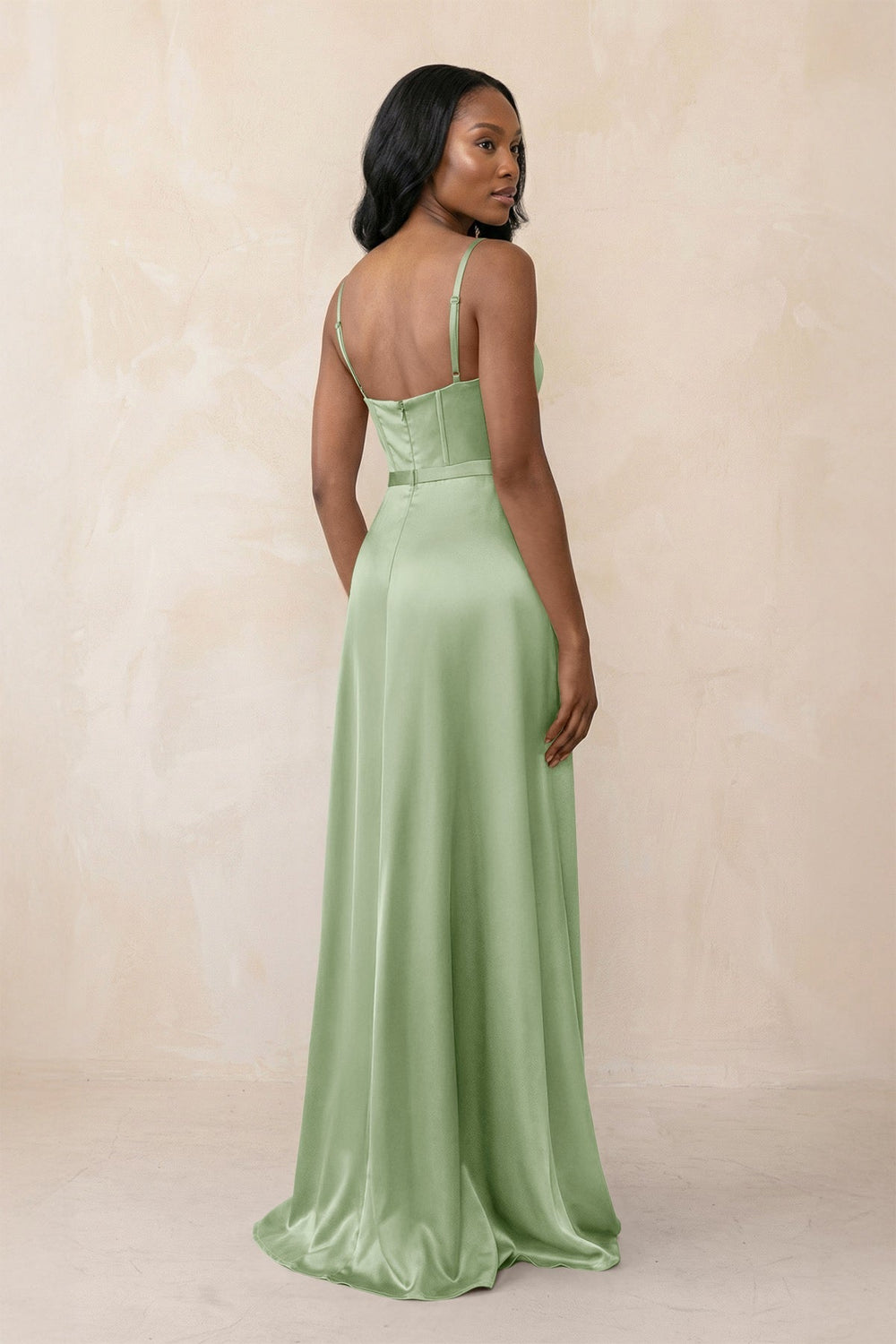 Cami Strap Corset Satin Sheath Bridesmaid Dress in Sage