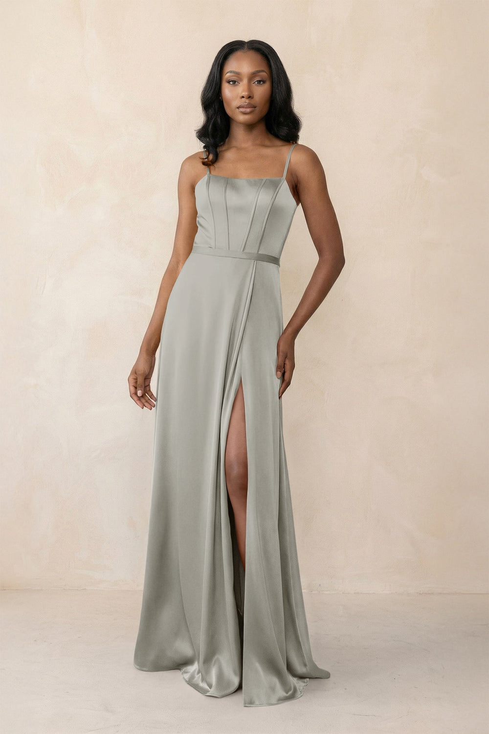Cami Strap Corset Satin Sheath Bridesmaid Dress in Silver