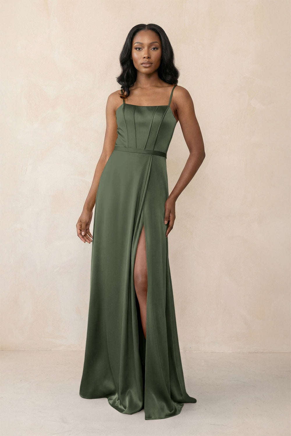 Cami Strap Corset Satin Sheath Bridesmaid Dress in Thyme