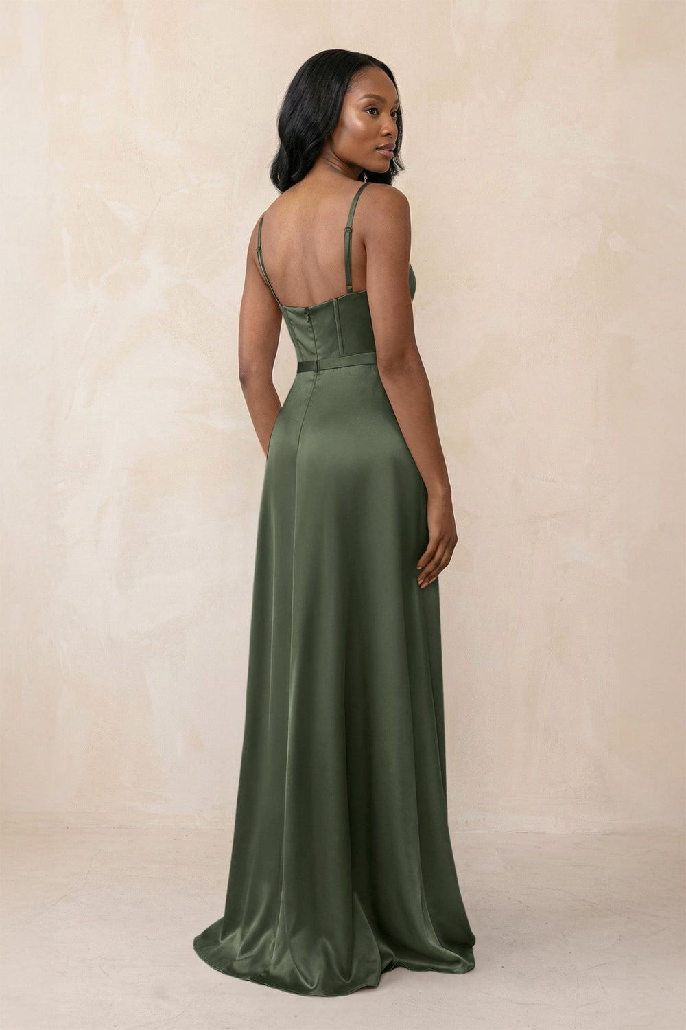 Cami Strap Corset Satin Sheath Bridesmaid Dress in Thyme