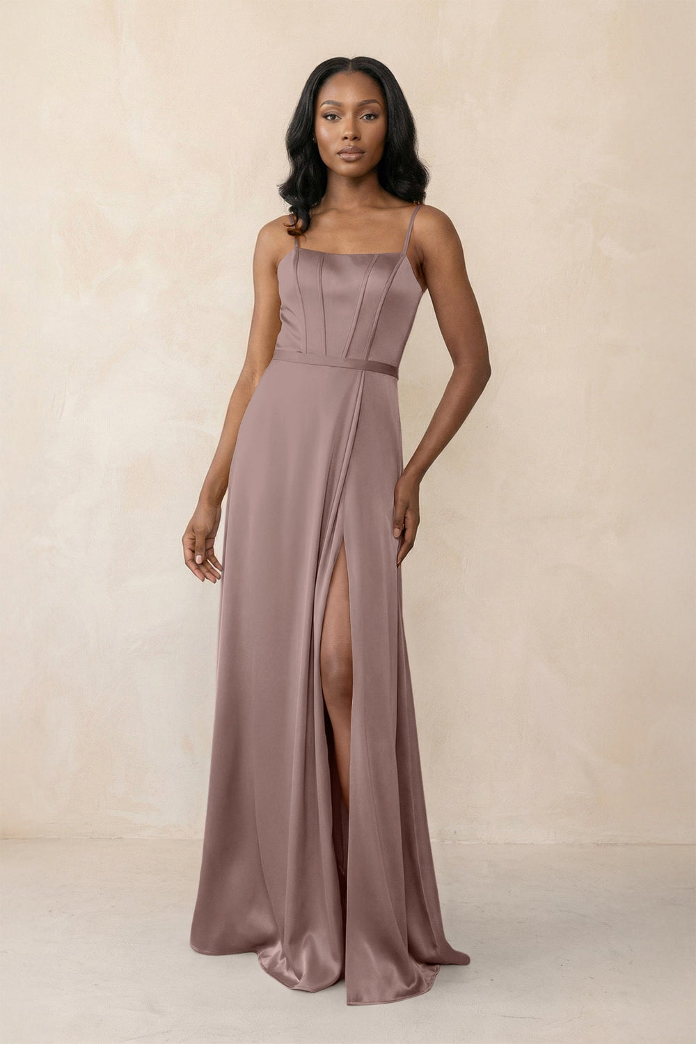 Cami Strap Corset Satin Sheath Bridesmaid Dress in Toffee