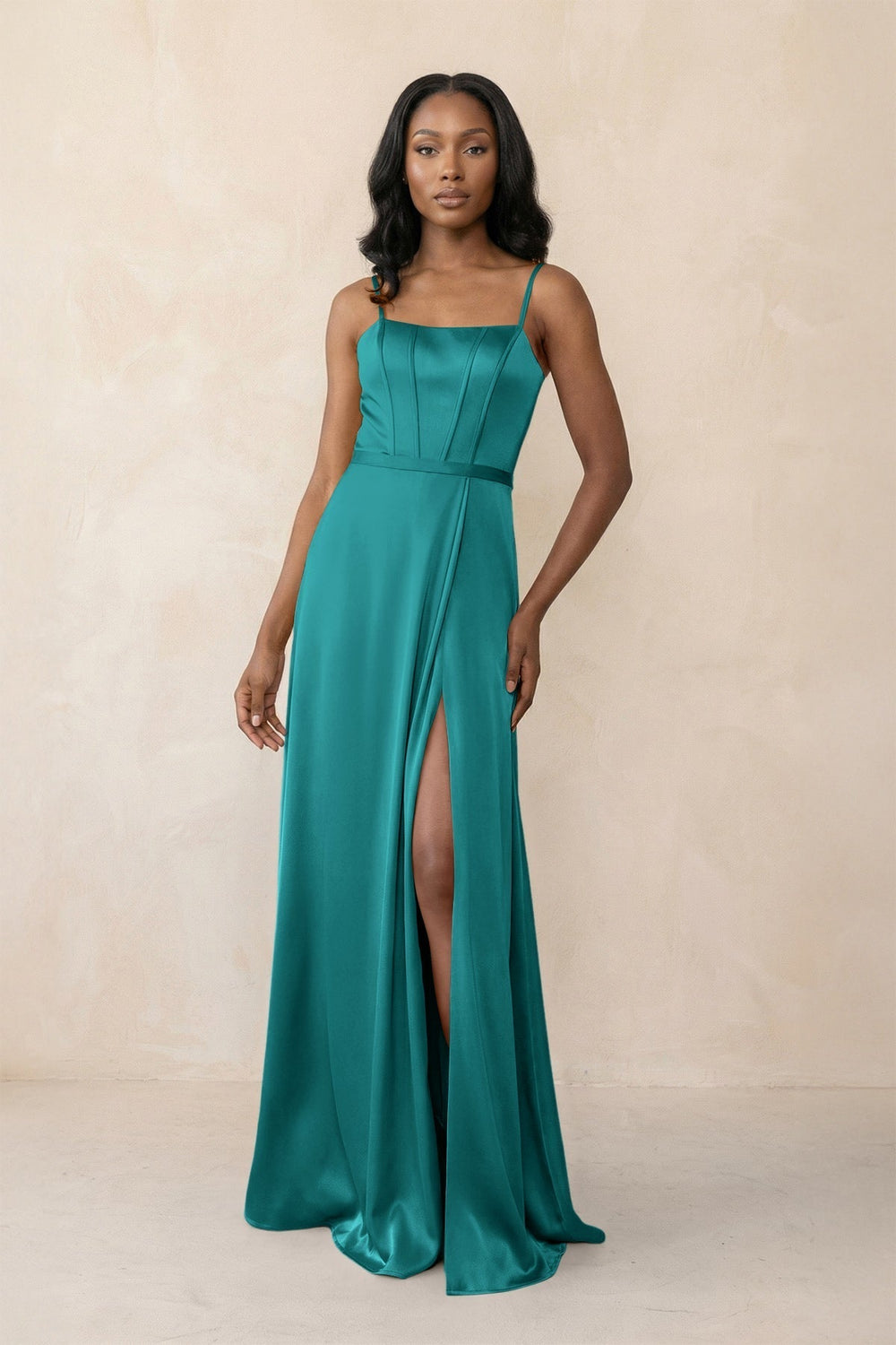 Cami Strap Corset Satin Sheath Bridesmaid Dress in Turquoise