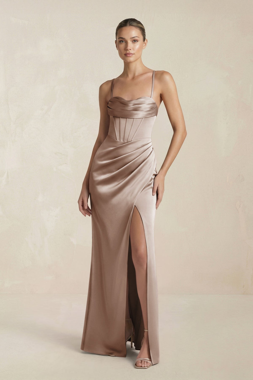 Cami Strap Corset Sheath Satin Ruched Bridesmaid Dress in Almond