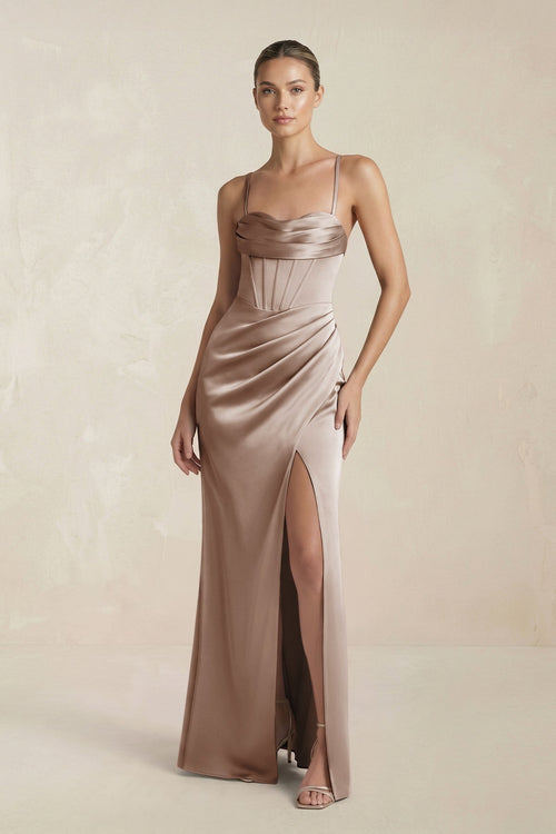 Cami Strap Corset Sheath Satin Ruched Bridesmaid Dress in Almond - KISS BRIDAL Bridesmaid Dresses
