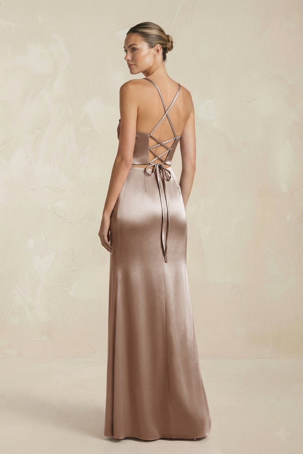 Cami Strap Corset Sheath Satin Ruched Bridesmaid Dress in Almond