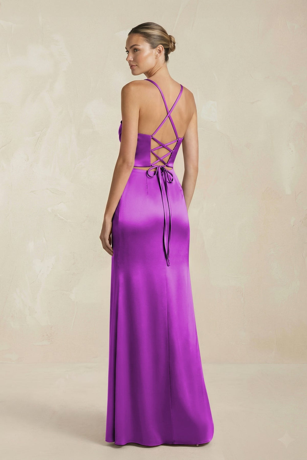 Cami Strap Corset Sheath Satin Ruched Bridesmaid Dress in Amethyst