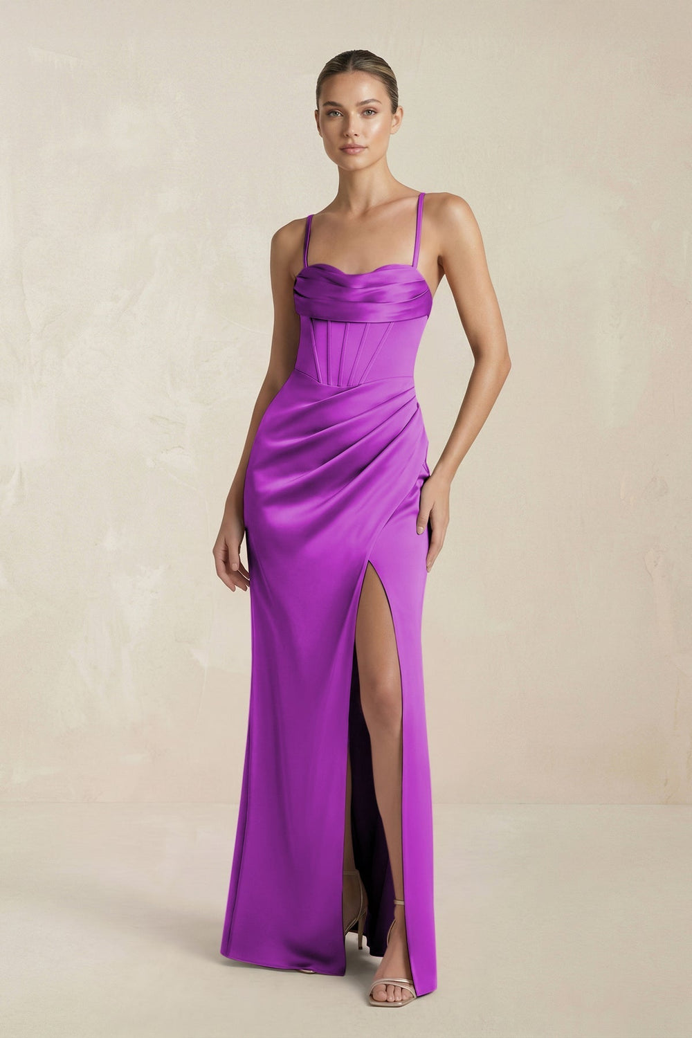 Cami Strap Corset Sheath Satin Ruched Bridesmaid Dress in Amethyst