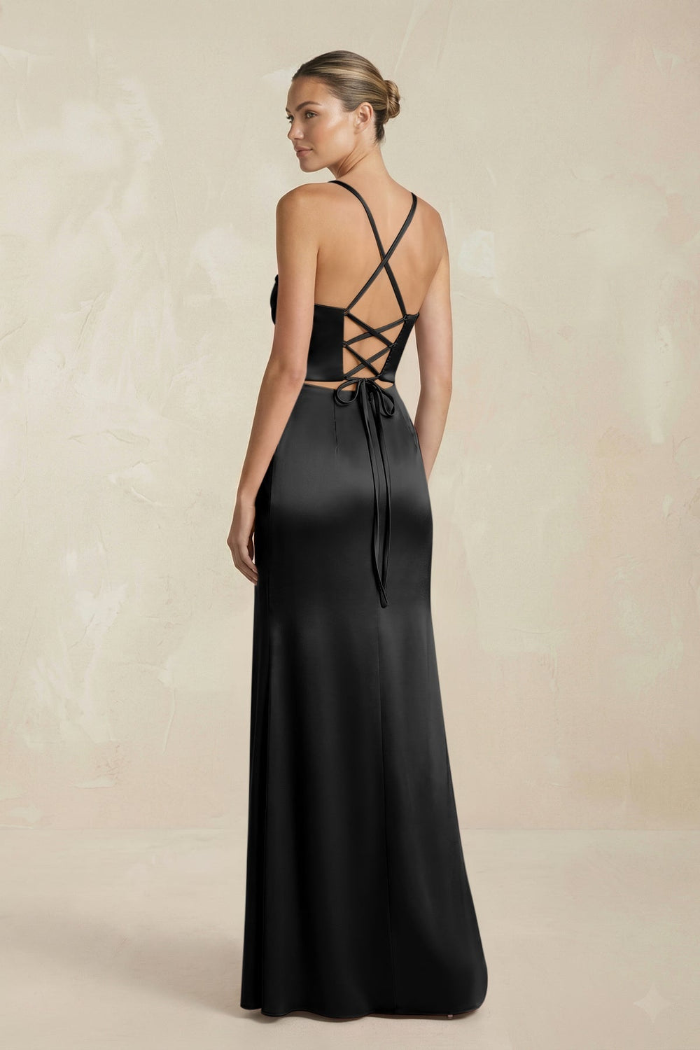 Cami Strap Corset Sheath Satin Ruched Bridesmaid Dress in Black