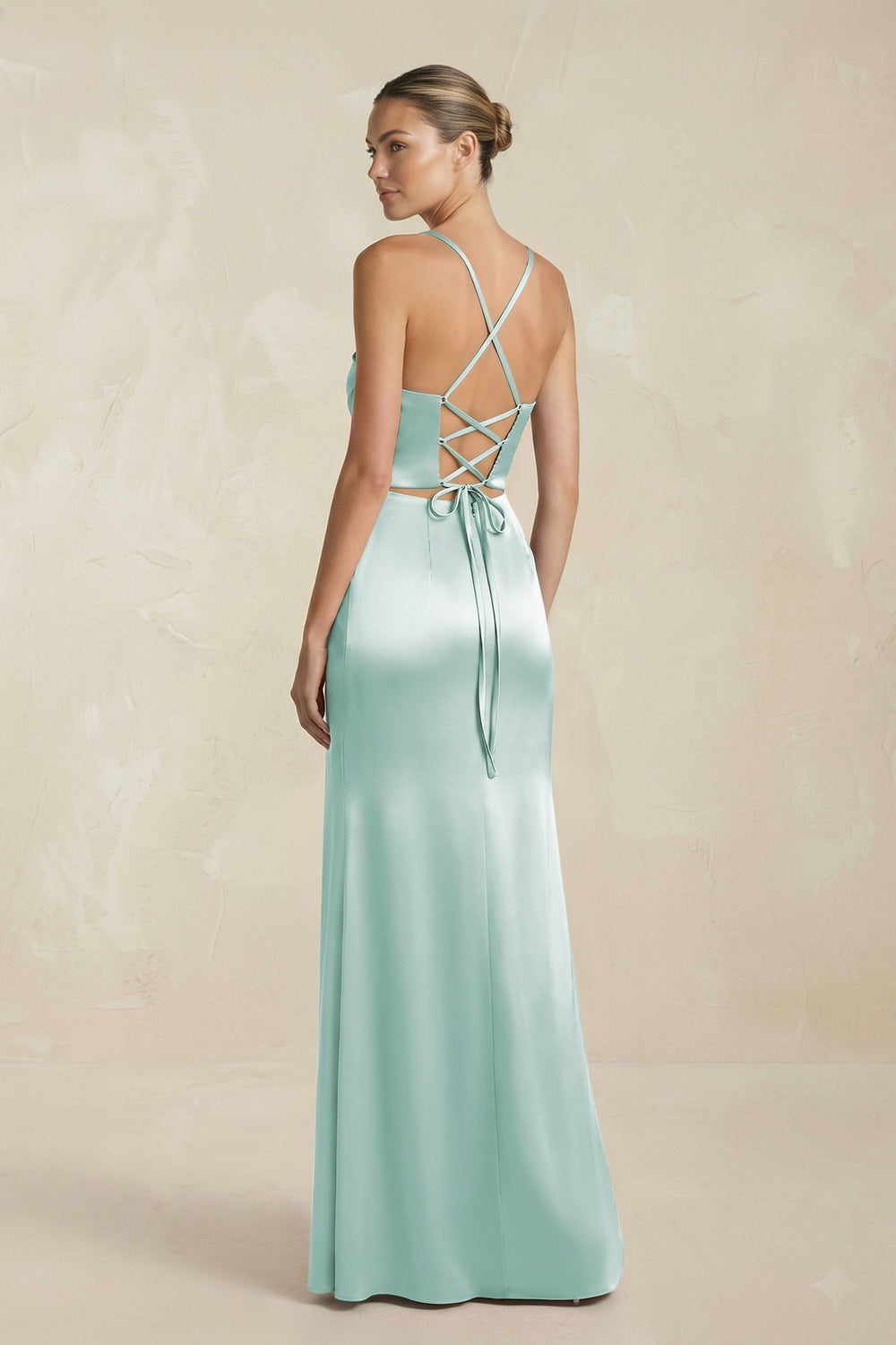 Cami Strap Corset Sheath Satin Ruched Bridesmaid Dress in Bleached Aqua