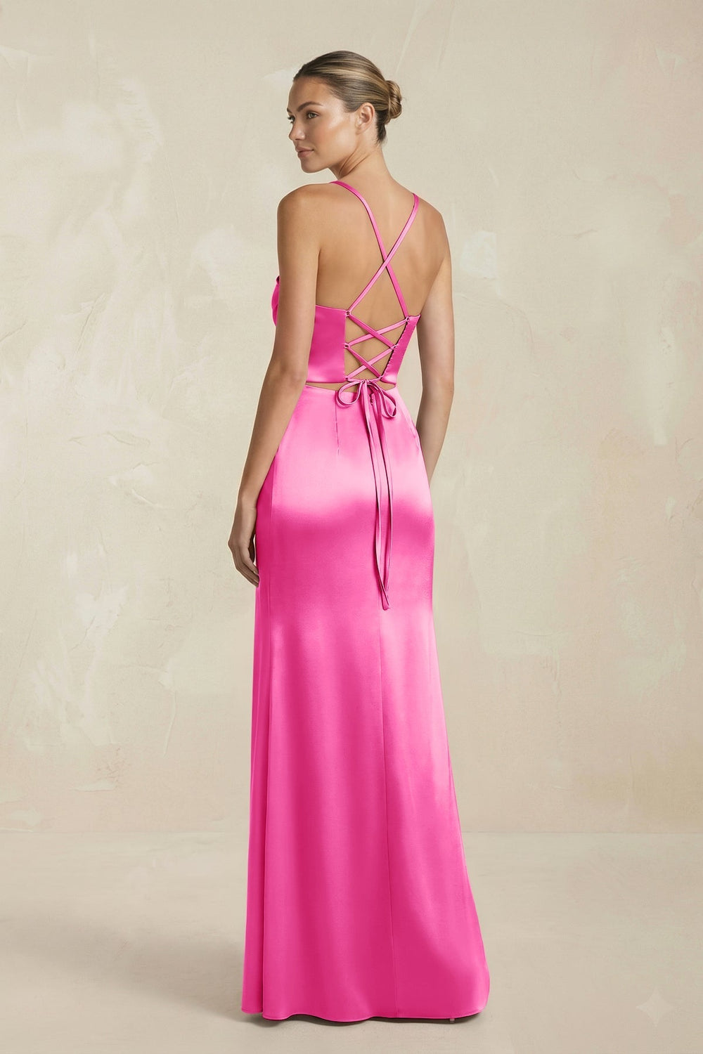 Cami Strap Corset Sheath Satin Ruched Bridesmaid Dress in Bon Bon Pink