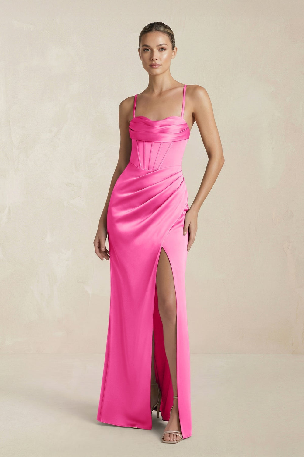 Cami Strap Corset Sheath Satin Ruched Bridesmaid Dress in Bon Bon Pink