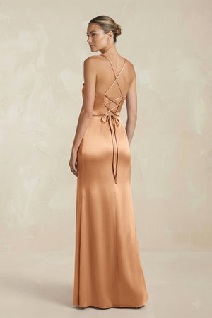 Cami Strap Corset Sheath Satin Ruched Bridesmaid Dress in Bronzer - KISS BRIDAL Bridesmaid Dresses