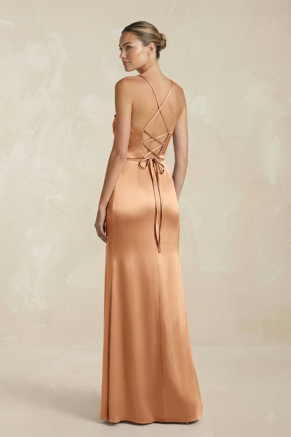 Cami Strap Corset Sheath Satin Ruched Bridesmaid Dress in Bronzer - KISS BRIDAL Bridesmaid Dresses