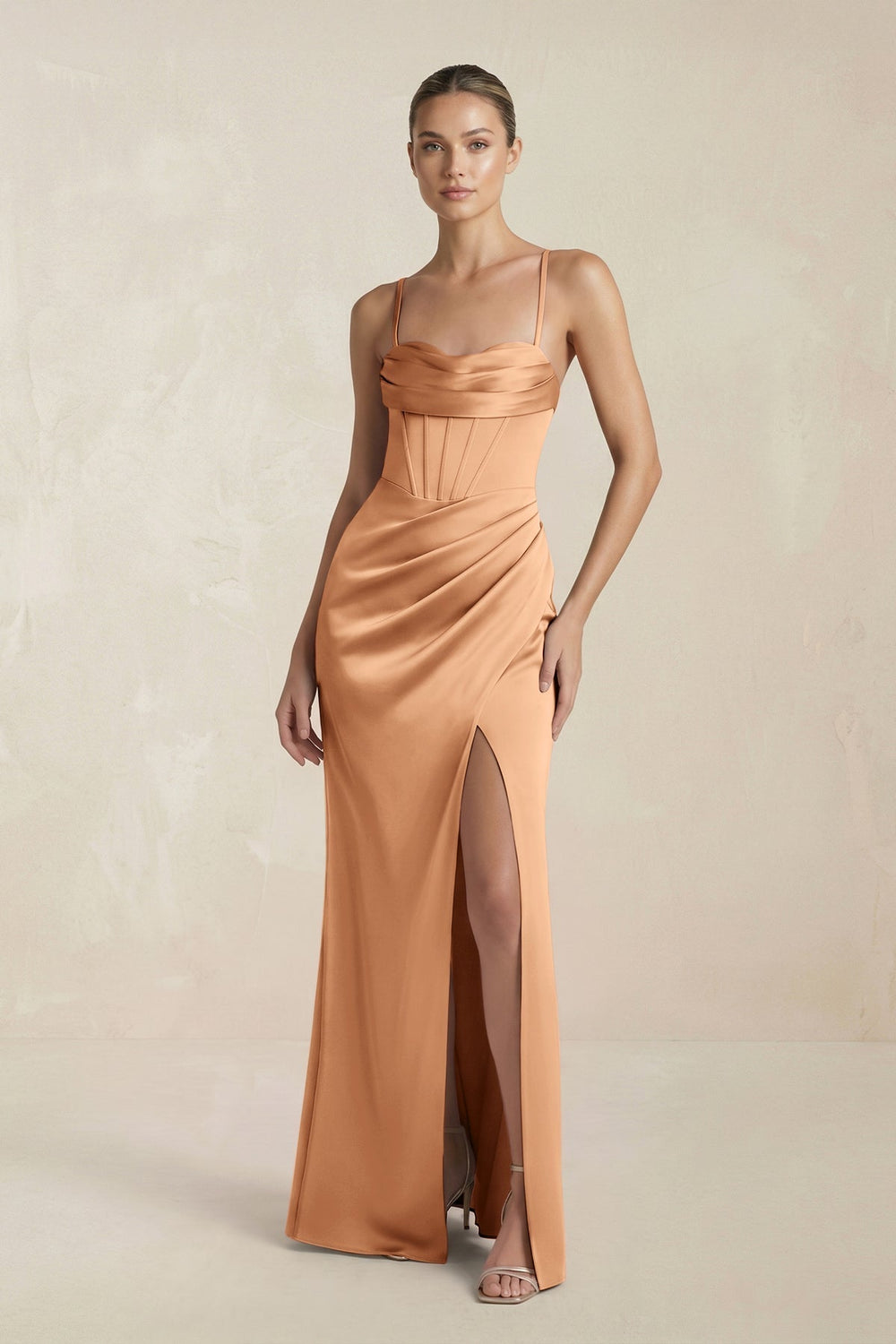 Cami Strap Corset Sheath Satin Ruched Bridesmaid Dress in Bronzer