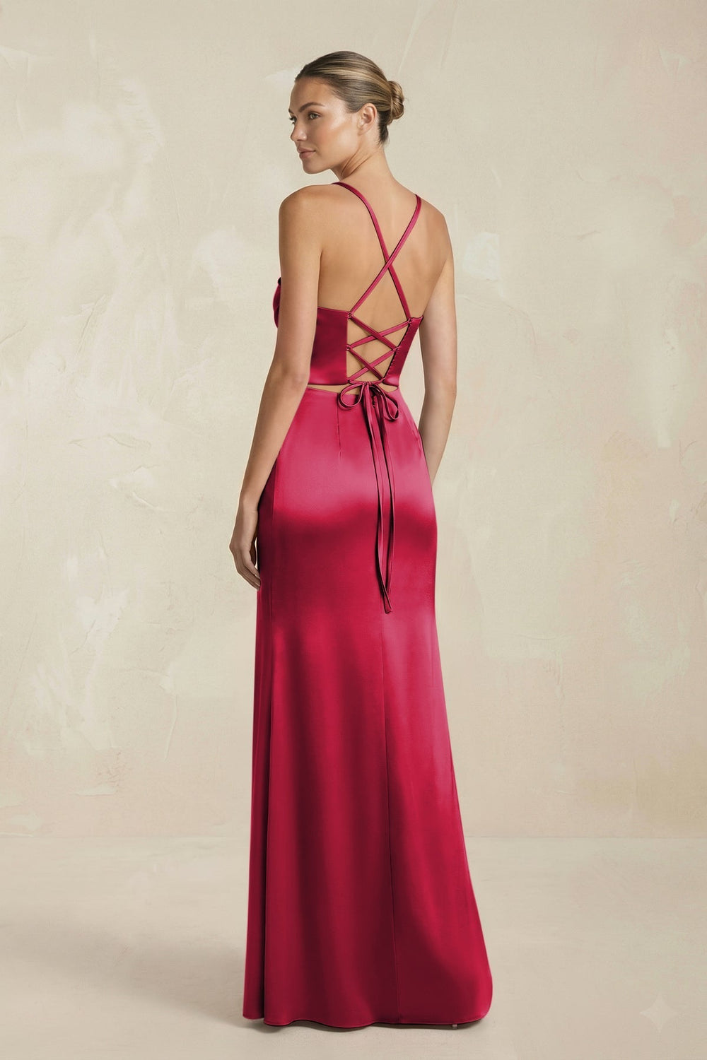 Cami Strap Corset Sheath Satin Ruched Bridesmaid Dress in Burgundy