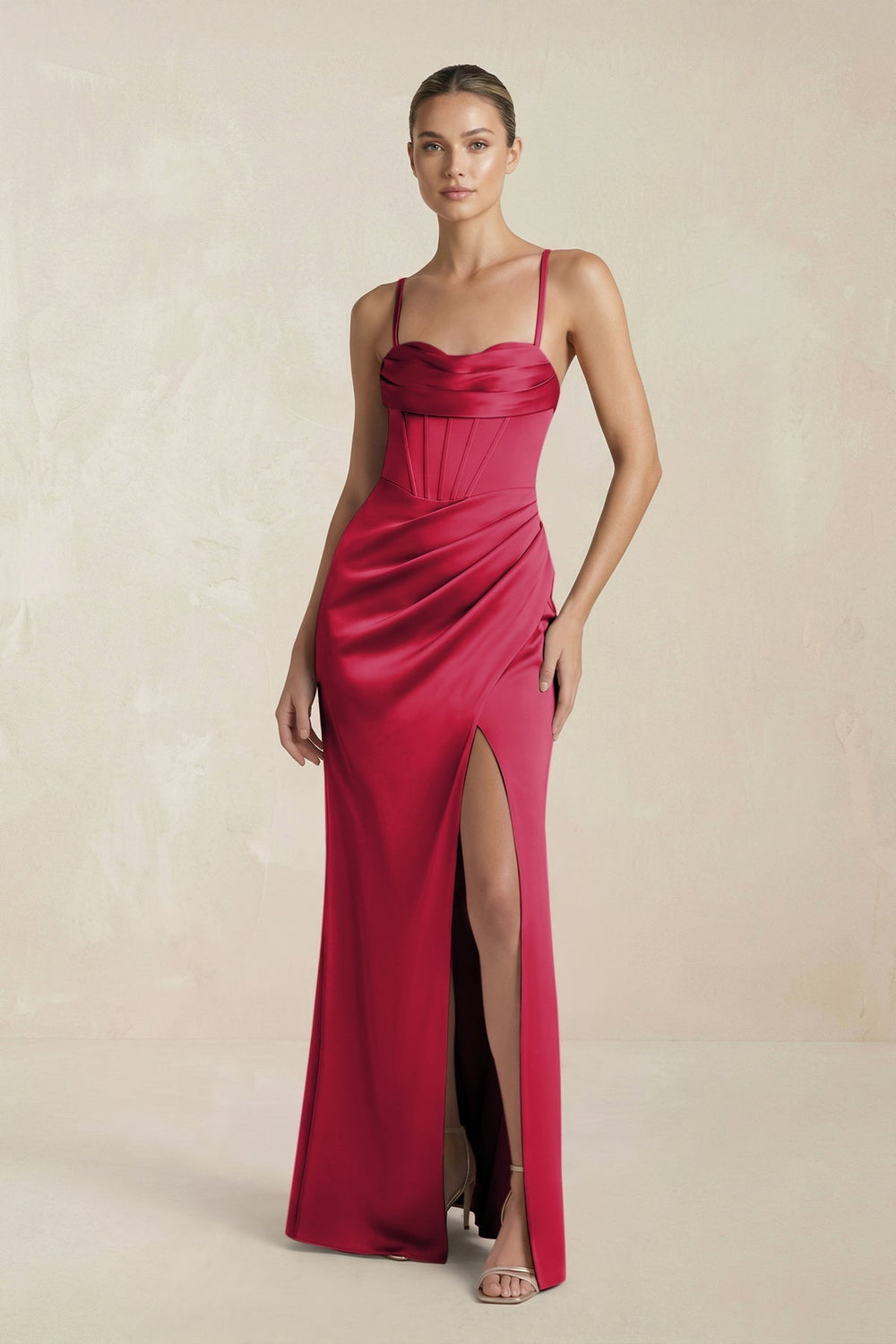 Cami Strap Corset Sheath Satin Ruched Bridesmaid Dress in Burgundy