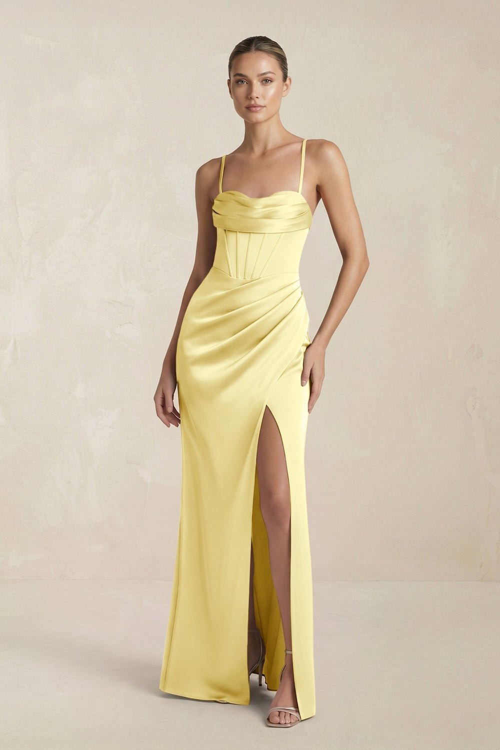 Cami Strap Corset Sheath Satin Ruched Bridesmaid Dress in Buttercup