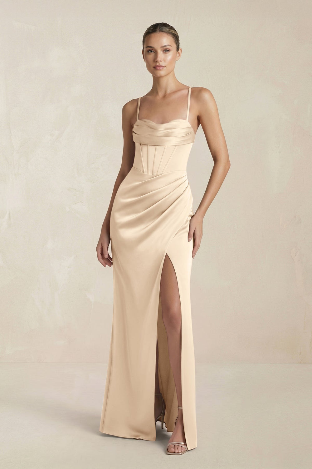 Cami Strap Corset Sheath Satin Ruched Bridesmaid Dress in Champagne