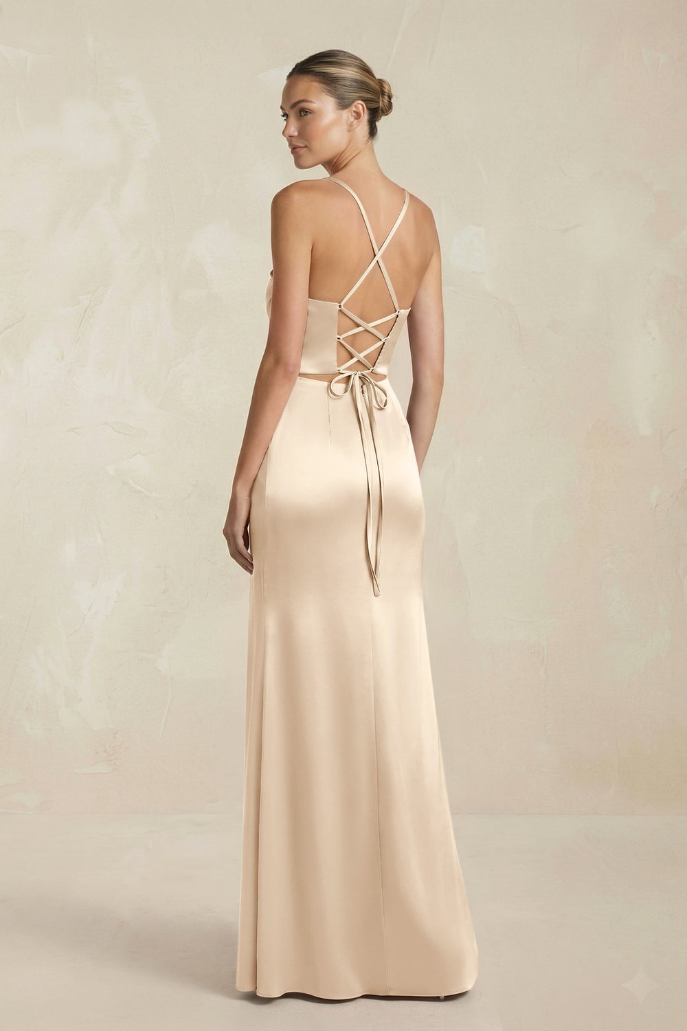 Cami Strap Corset Sheath Satin Ruched Bridesmaid Dress in Champagne