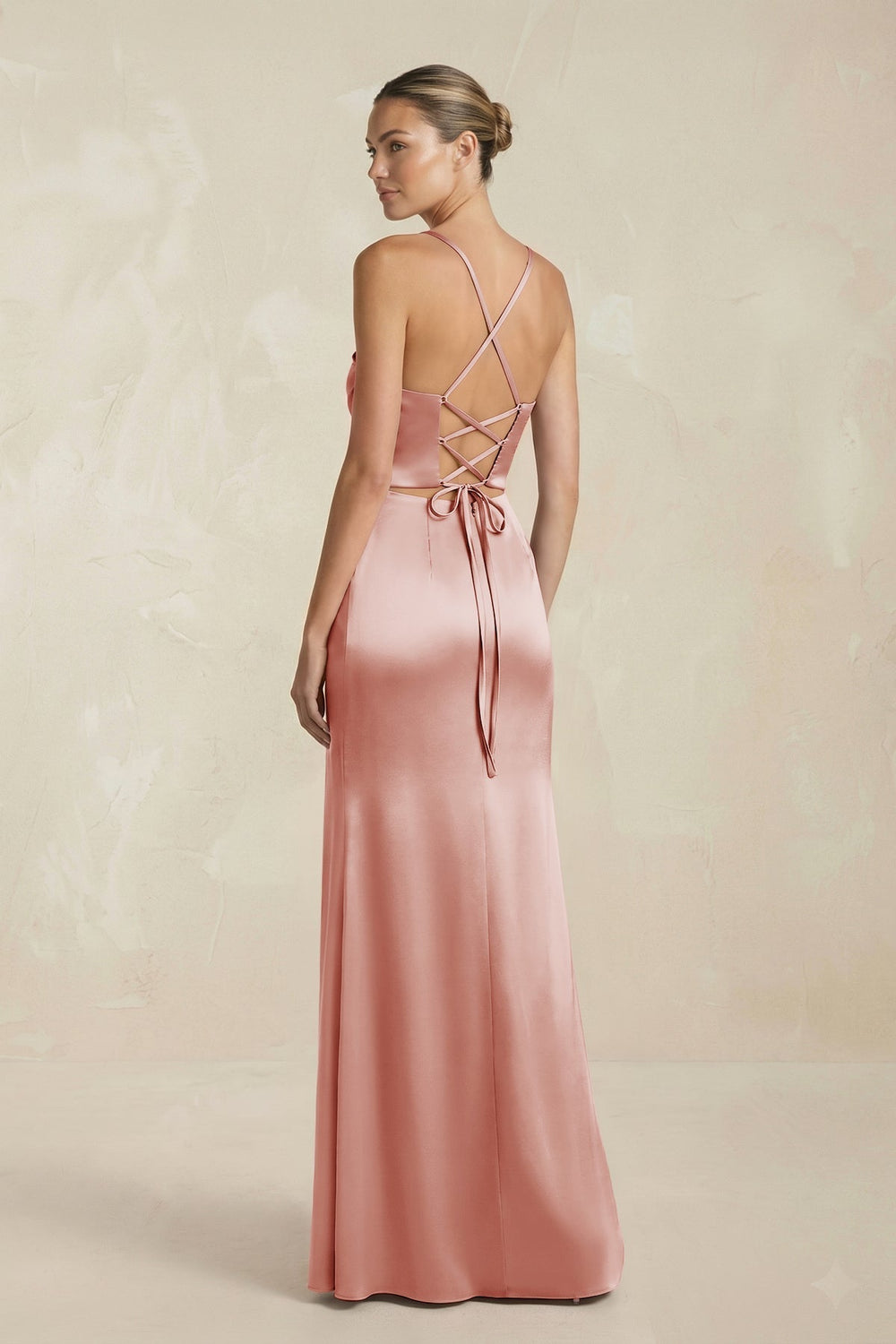Cami Strap Corset Sheath Satin Ruched Bridesmaid Dress in Champagne Rose