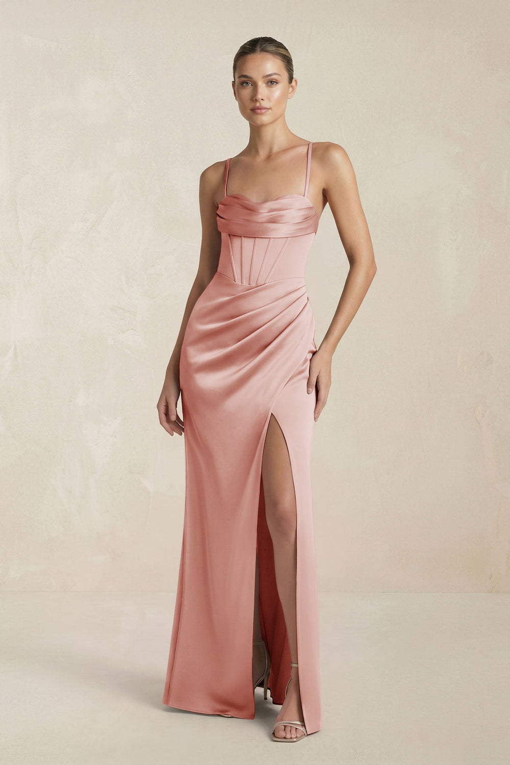 Cami Strap Corset Sheath Satin Ruched Bridesmaid Dress in Champagne Rose