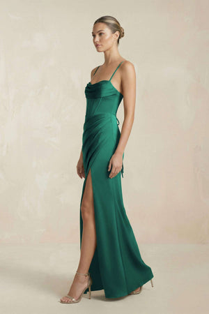 Cami Strap Corset Sheath Satin Ruched Bridesmaid Dress in Dark Green - KISS BRIDAL Bridesmaid Dresses