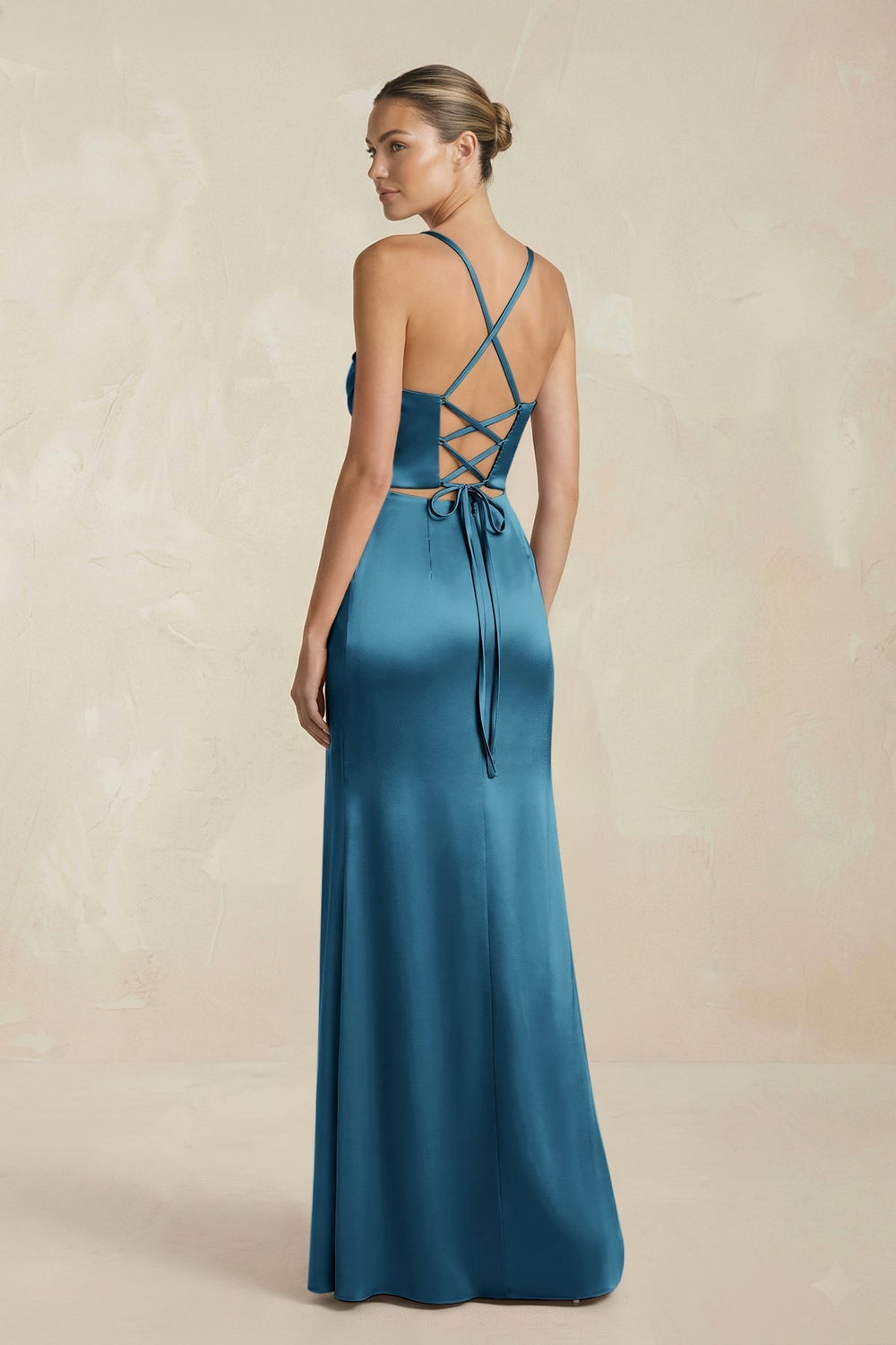 Cami Strap Corset Sheath Satin Ruched Bridesmaid Dress in Dark Teal