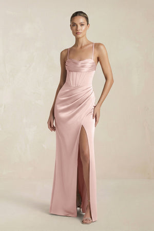 Cami Strap Corset Sheath Satin Ruched Bridesmaid Dress in English Rose - KISS BRIDAL Bridesmaid Dresses