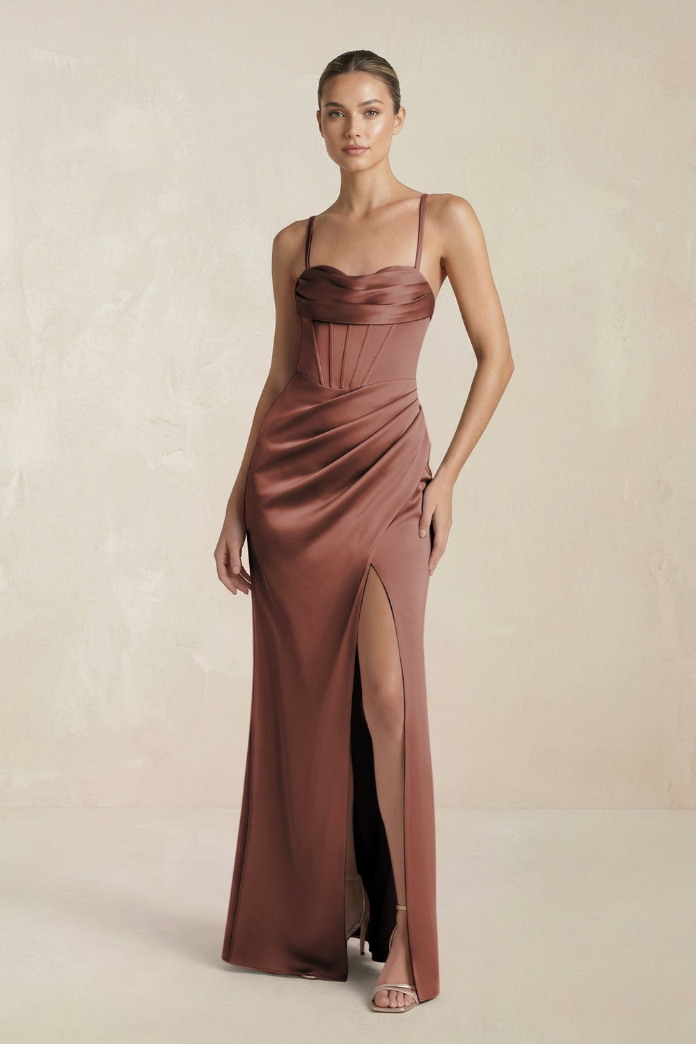 Cami Strap Corset Sheath Satin Ruched Bridesmaid Dress in Espresso