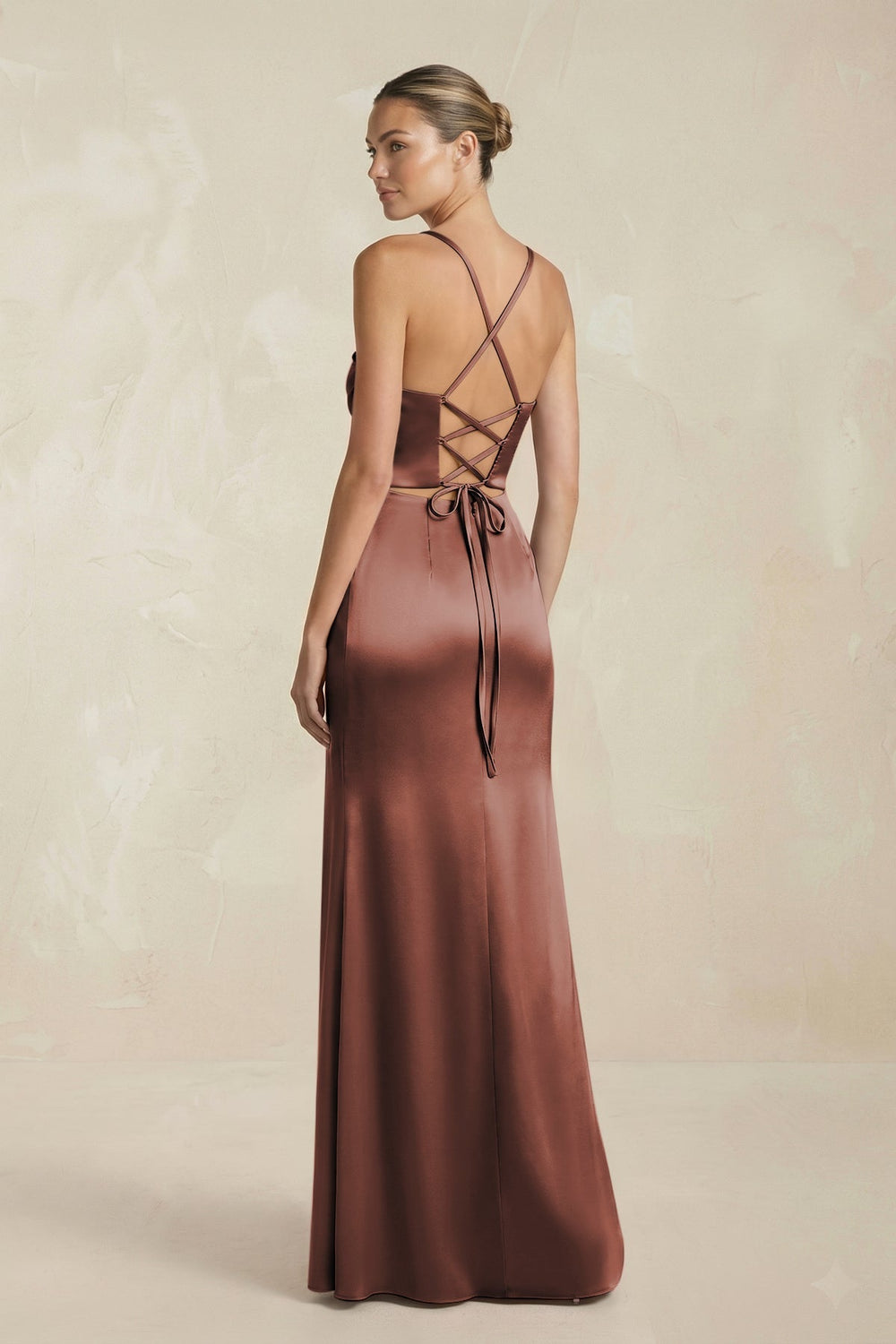 Cami Strap Corset Sheath Satin Ruched Bridesmaid Dress in Espresso