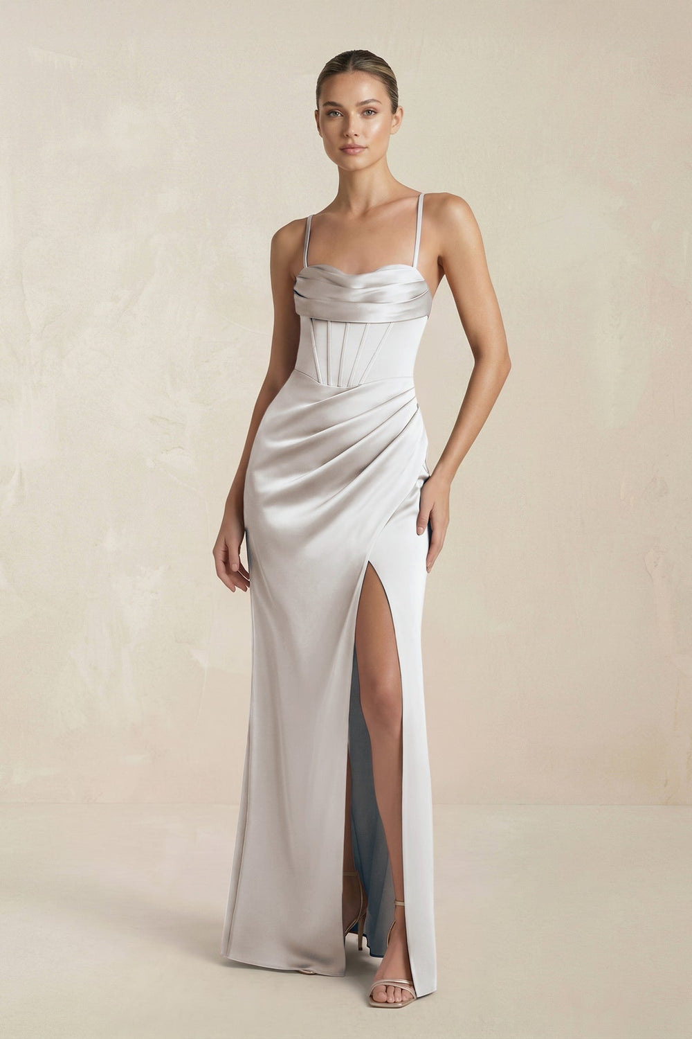 Cami Strap Corset Sheath Satin Ruched Bridesmaid Dress in Frost