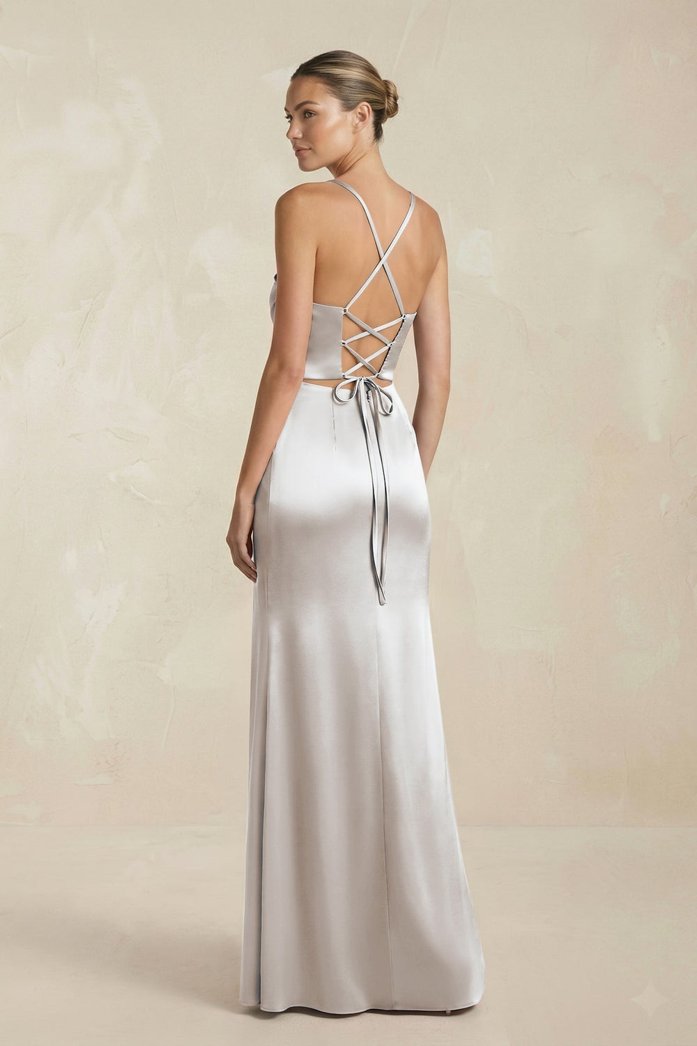Cami Strap Corset Sheath Satin Ruched Bridesmaid Dress in Frost