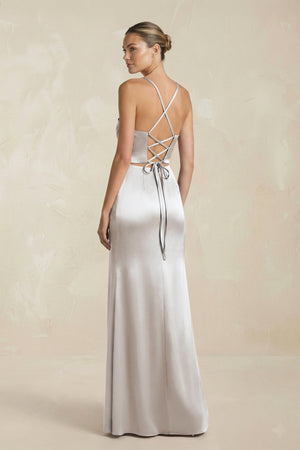 Cami Strap Corset Sheath Satin Ruched Bridesmaid Dress in Frost - KISS BRIDAL Bridesmaid Dresses