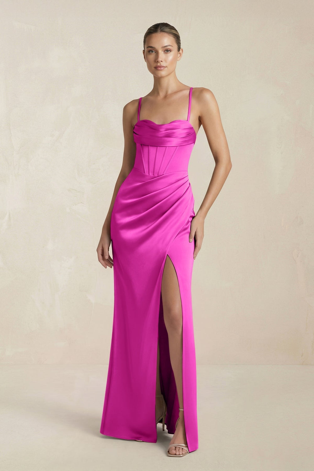 Cami Strap Corset Sheath Satin Ruched Bridesmaid Dress in Fuchsia