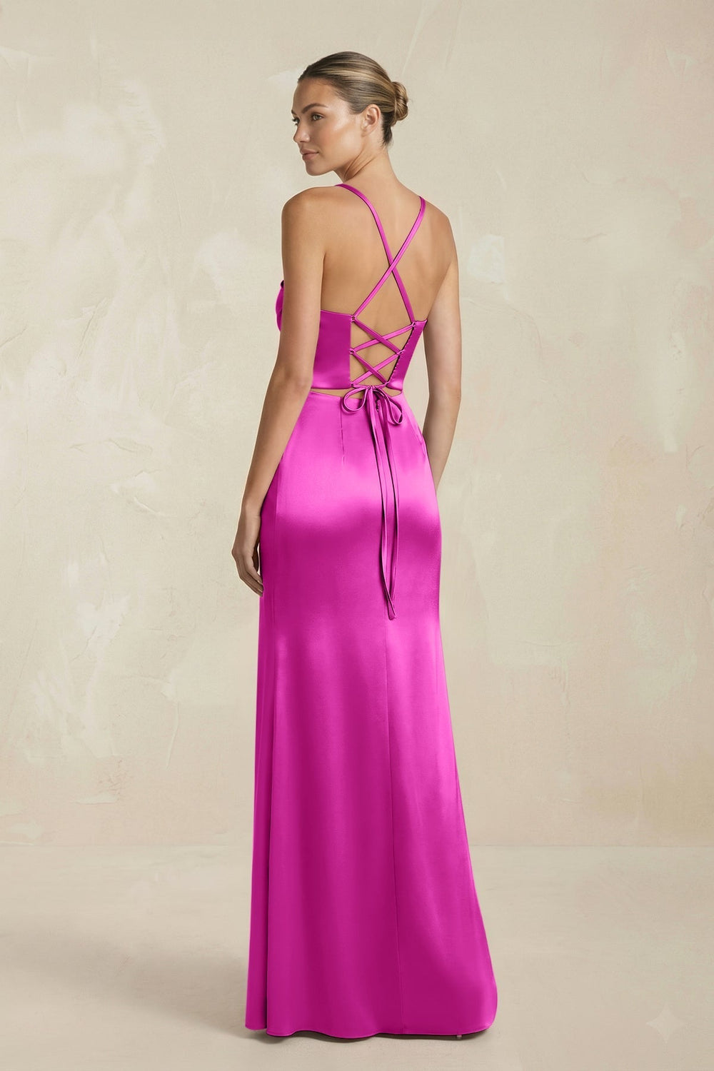 Cami Strap Corset Sheath Satin Ruched Bridesmaid Dress in Fuchsia
