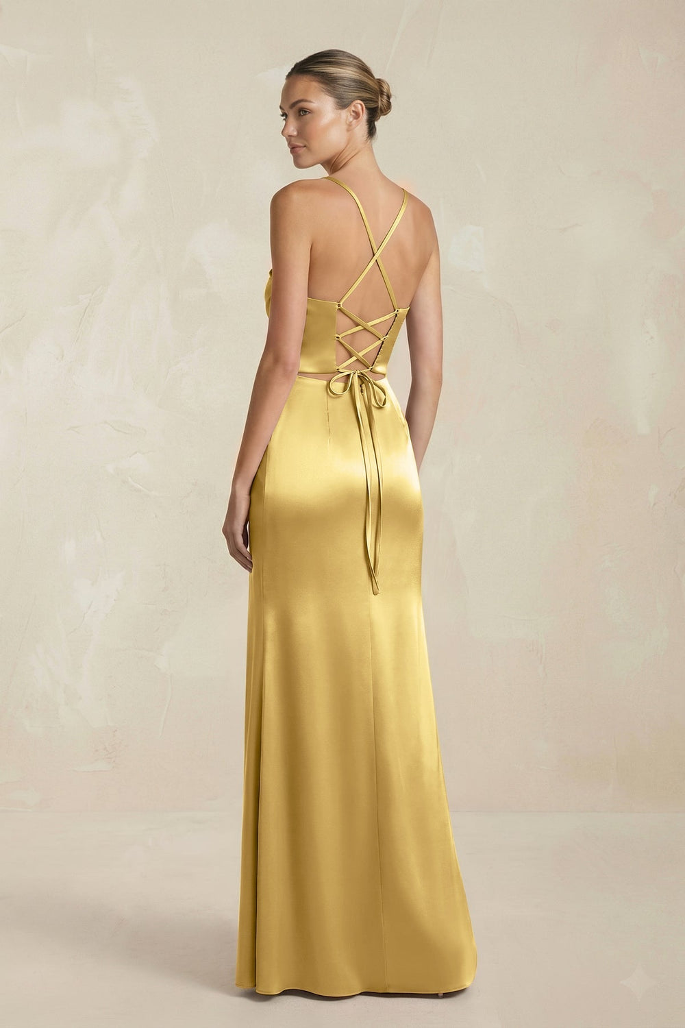 Cami Strap Corset Sheath Satin Ruched Bridesmaid Dress in Gold