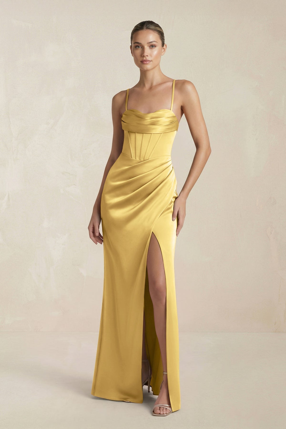Cami Strap Corset Sheath Satin Ruched Bridesmaid Dress in Gold