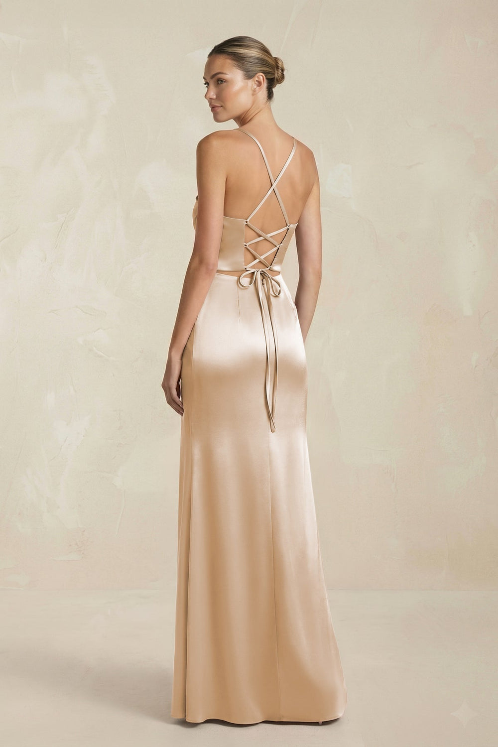 Cami Strap Corset Sheath Satin Ruched Bridesmaid Dress in Golden Champagne