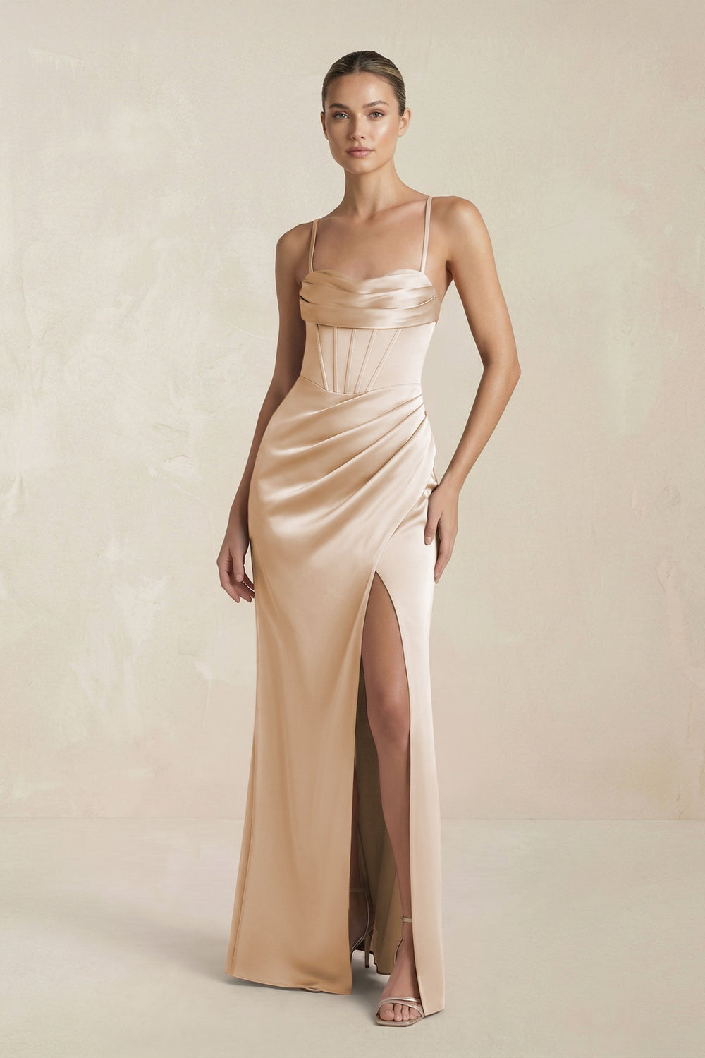 Cami Strap Corset Sheath Satin Ruched Bridesmaid Dress in Golden Champagne