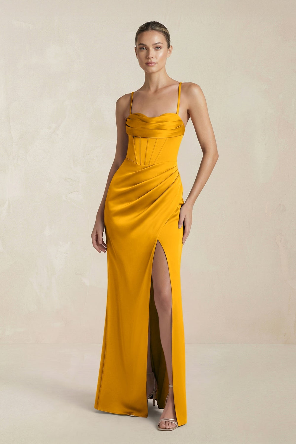 Cami Strap Corset Sheath Satin Ruched Bridesmaid Dress in Marigold