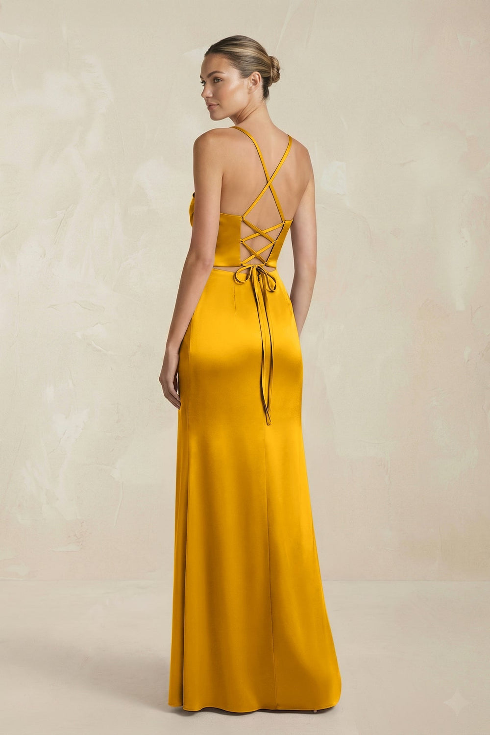 Cami Strap Corset Sheath Satin Ruched Bridesmaid Dress in Marigold
