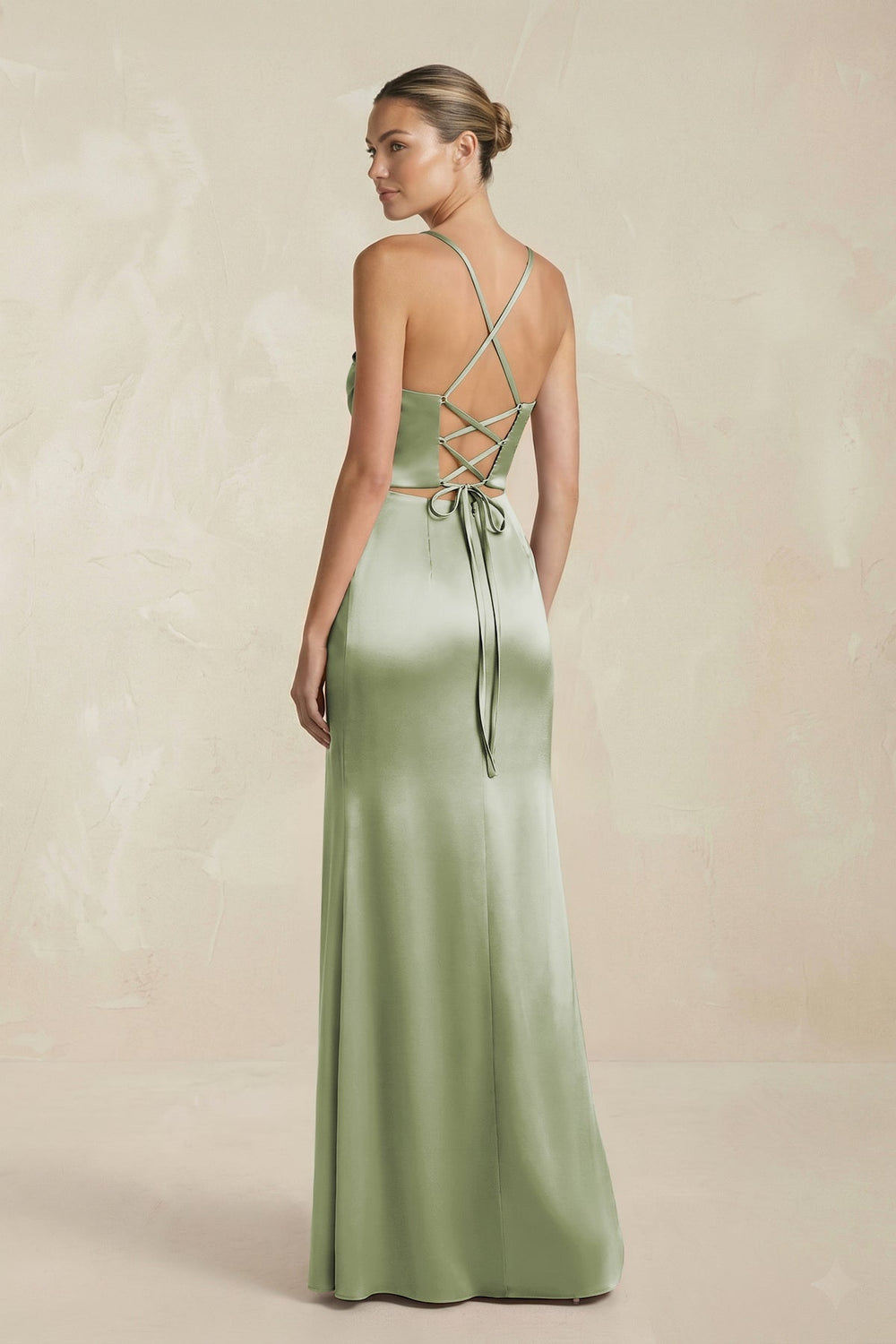 Cami Strap Corset Sheath Satin Ruched Bridesmaid Dress in Matcha