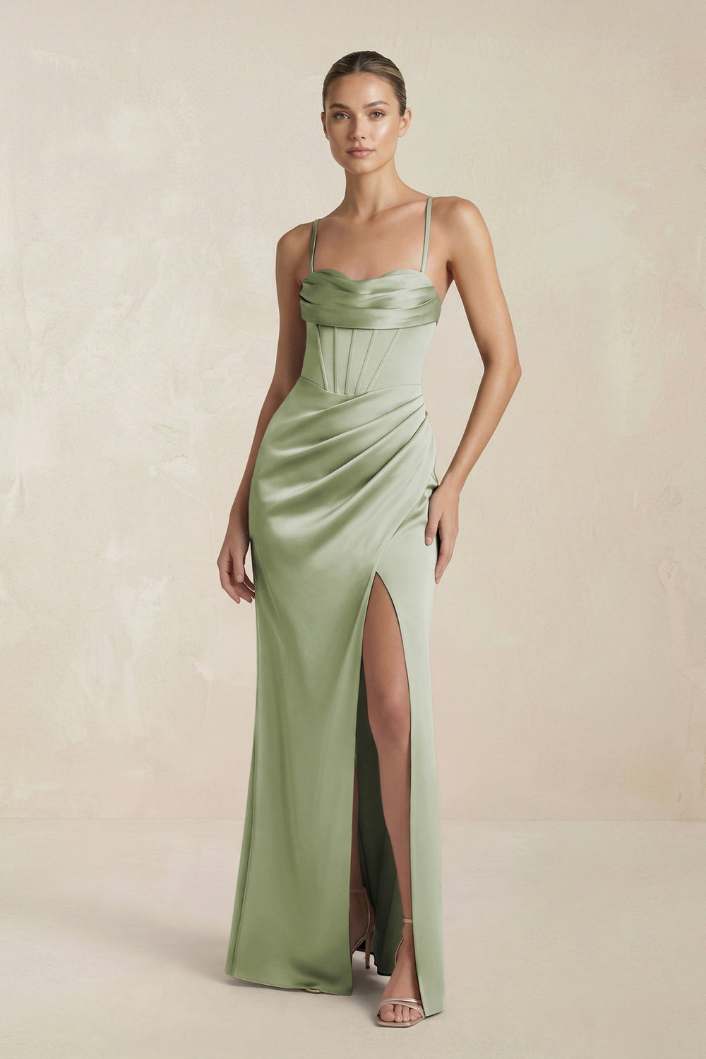 Cami Strap Corset Sheath Satin Ruched Bridesmaid Dress in Matcha